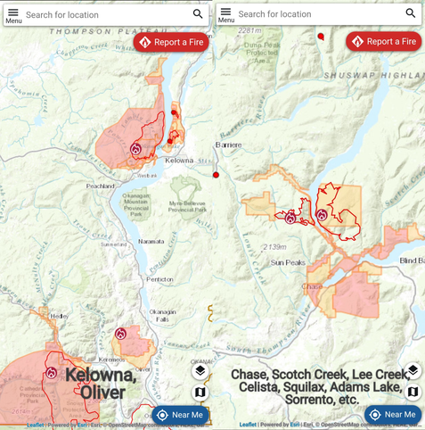 Screenshots from the BC Wildfire Service application showing red and orange polygons that indicate evacuation orders and alerts. The screenshot on the left shows Kelowna and Oliver, BC. The screenshot on the right shows Adams Lake, Celista, Chase, Lee Creek, Scotch Creek, Sorrento, and Squilax, BC.