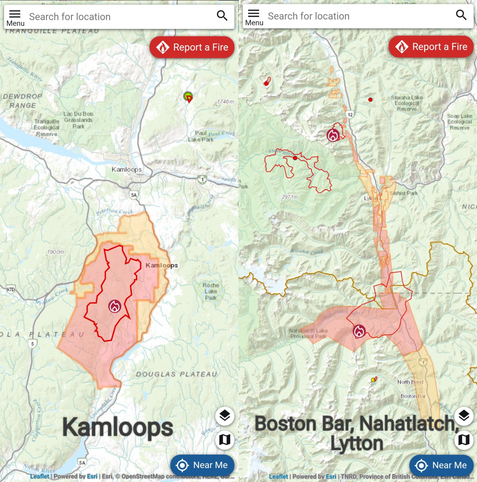 Screenshots from the BC Wildfire Service application showing red and orange polygons that indicate evacuation orders and alerts. The screenshot on the left shows Kamloops, BC. The screenshot on the right shows Boston Bar, Lytton, and Nahatlatch, BC.