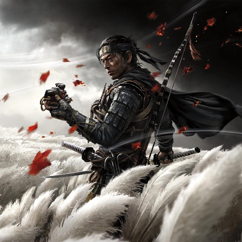 Carátula del videojuego Ghost of Tsushima, donde se ve en blanco y negro un campo de plantas altas de hojas/flores blancas, y el cielo va de izquierda a derecha y de abajo a arriba de un gris claro casi blanco a un negro intenso. Las hojas de mueven con un viento que dibuja en la imagen unas finas líneas que llevan consigo hojas de un rojo intenso mezcladas con brasas de cenizas. En el centro, de entre las hojas del campo, sale nuestro protagonista: un samurái con armadura ligera de tonos negros y oscuros, arco en la espalda junto con una especie de capa corta que ondea con el viento. En su mano derecha una katana, y en su izquierda una máscara de oni que la levanta hasta su rostro y la mira con determinación (muy al estilo Shakespeare y el cráneo). Su rostro, ahora descubierto, está decorado con una cinta en la frente.