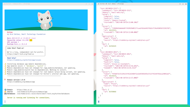 Screenshot of two terminal windows, side-by-side on a wide screen. The one on the left has Kitten running, serving Domain at dev.ar.al.

On the right is the output from the kitten db tail domains --domain=dev.ar.al --all command showing a formatted data structure with entries like the following:

"test-20230819-2012": {
    "subdomain": "test-20230819-2012",
    "domain": "small-web.org",
    "setup": {
      "complete": false,
      "hasError": false,
      "state": "place-is-reachable",
      "startedAt": "2023-08-18T19:12:56.685Z",
      "endedAt": "2023-08-18T19:13:41.511Z"
    },
    "server": {
      "token": "9f4b873e7e329e33f452d3488f52a1b95981695e57e27f6144791bea24092a67",
      "id": 36134233,
      "createdAt": "2023-08-18T19:12:57.000Z"
    },
    "application": {
      "name": "Place",
      "source": "https://codeberg.org/small-web/place.git"
    },
    "dns": {
      "id": 46789068
    }
  }