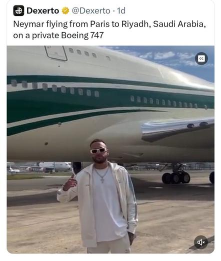 Picture of Neymar giving thumbs up on front of 747. "Neymar flying from Paris to Riyadh, Saudi Arabia, on a private Boeing 747"