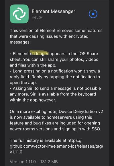 Screenshot der Releasenote des aktuellen Updates für Element Messenger unter iOS.