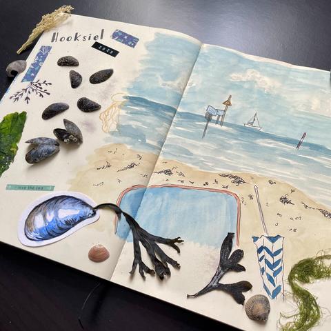 Sketchbook double page with small watercolor illustration of Hooksiel beach and a mussel. Both pages are decorated with washi tape, stickers, real seaweed and (mussel) shells from the sea.
