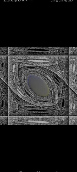The middle shape is smaller and more oval, with sligth tints of blue at one end and yellow at the other. The frame is more intricate.