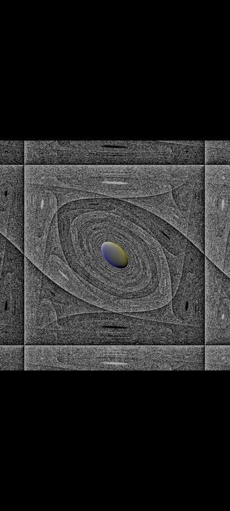 Now the middle oval is clearly blue and yellow and really small, the frame around it seems like a symmetrical curvy pencil drawing with black and white enclosures.