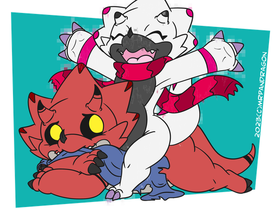 Two custom Digimon OCs, both Gammamon. One is cheerfully sitting on top of the other's back. The second image has the top Gammamon saying "hey puppy" and the bottom one being annoyed by it.