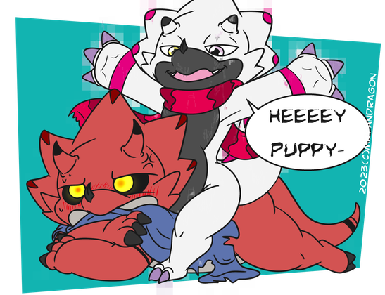 Two custom Digimon OCs, both Gammamon. One is cheerfully sitting on top of the other's back. The second image has the top Gammamon saying "hey puppy" and the bottom one being annoyed by it.
