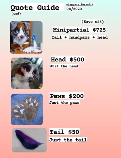 (USD)
Mini partial 725 
Head 500
Paws 200
Tail 50