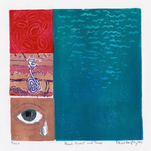 A square linocut print divided into a vertical stripe of 3 squares on the left and a rectangle on the right illustrating water (deep aqua blue with paler waves, especially at the top). The top inset square illustrates blood cells in reds moving through a blood vessel. The middle square illustrates a cross-section of skin (in pinks, peach and beige) with a sweat gland in pale purple, blood vessels in red and blue and brown hairs. The bottom square illustrates a blue crying eye with grey-blue tear drop on dark peach face with grey outlines and black pupil. It’s titled “Blood, sweet and Tears”.