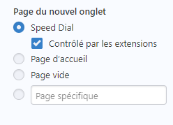 Case à cocher, dans les réglages de Vivaldi (rubrique Onglets), pour que des extensions puissent prendre la place du Speed Dial de base.