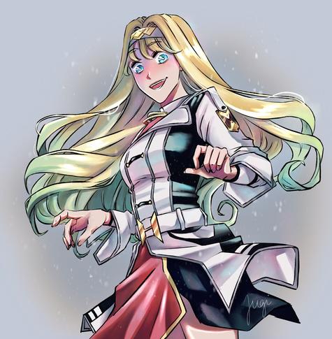 A drawing of Kiela, the protagonist of "Kiela und das letzte Geleit" by Sozan Coskun, published by Altraverse. The girl in the picture has long blond hair with green tips. She is wearing a uniform and has a happy expression on her face.