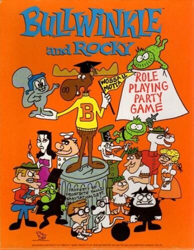 Cover of the Bullwwinke and Rocky Role-Playing Party Game: Orange background. Illustrations of characters from the "Adventures of Rocky and Bullwinkle" cartoon: Bullwinkle the Moose, Rocky the Flying Squirrel, Boris and Natasha, Fearless Leader, Captain Peachfuzz; the Moon Men; also: Dudley Do-Right, Snidley Whiplash, Horse, and Nell; Mr. Peabody and Sherman; Aesop and Son.