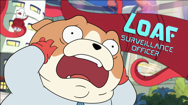 Screenshot aus dem Vorspann der Serie, in dem alle Figuren vorgestellt werden. Das Bild zeigt Loaf, einen Mops-artigen Hund, der die Rolle eines verfressenen und überängstlichen Operationsoffiziers innerhat. Im Vorspann rennt er panisch durch die Gegend. Im Hintergrund sind riesige, rote Tentakel zu sehen, die andere Hunde greifen.