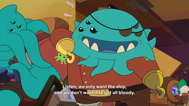 Screenshot aus der Folge 02x06. Zu sehen sind Weltraumpiraten, die das Mutterschiff der Hunde bedrohen. Im Fokus steht die Anführerin, eine Art Kreuzung aus Humanoid und Kopffüßler mit türkis-grüner Haut, drei gesunden Augen und drei Augenklappen sowie zwei Haken anstelle ihrer Hände. Sie steht neben ihrem ähnlich aussehenden Steuermann auf der Brücke ihres Schiffs in einer rot-braunen Uniform.