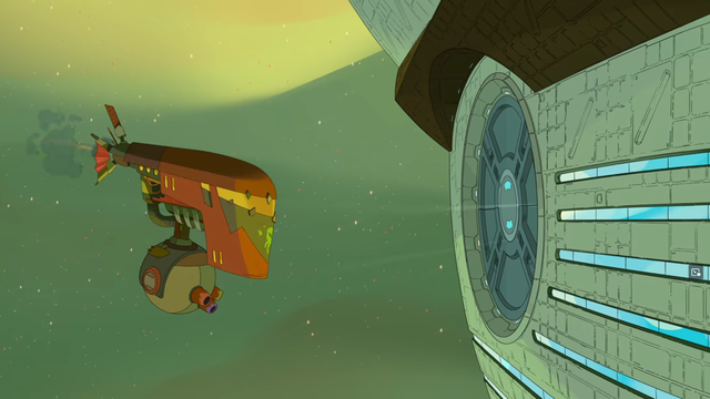 Ein letzter Screenshot aus der Folge 02x06. Wir sehen das Piratenschiff von außen direkt vor der noch verschlossenen Hangarschleuse des sehr sehr viel größeren Mutterschiffs der Hunde. Im Vrgleich wirkt das Piratenschiff geradezu schmächtig. Nur der gewaltige Waffenarm unter seinem Rumpf und der "Totenkopf" auf dem Bug deuten darauf hin, dass es trotzdem eine Gefahr darstellt.