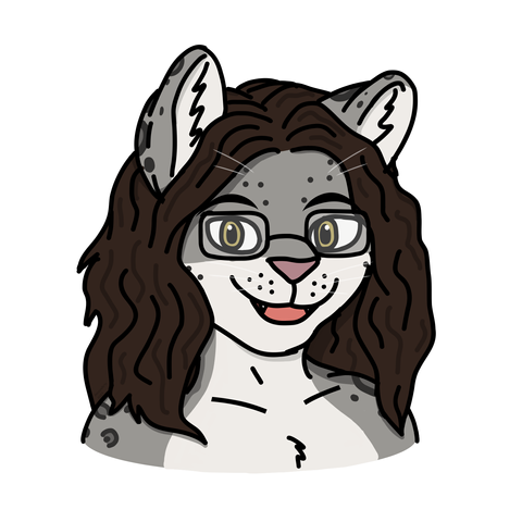 Vector art of a bust of an anthropomorphic snow leopard. She has grey fur, long brown hair, two prominent ears on top of her head, two curved eyebrows, hazel eyes with rectangular glasses, pink triangular nose, two small fangs in an open smiling mouth, dark grey flecks with faint whiskers on her forehead and upper lip, and dark grey rosettes adorning her shoulders.