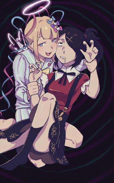 OMGKawaiiAngel grabbing Ame’s arms as she’s making the weakest peace sign ever. It’s unclear whether or not Ame is supposed to be alive; her skin is paler, her eyes upturned and lifeless, she is drooling and her nose is leaking.
KAngel displays a mischievous expression on her face. She is is sitting and Ame is resting on her legs.