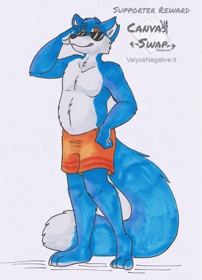 traditional marker art of an anthro/furry blue fox in orange swimsuit shorts and pulling down sunglasses from his face.