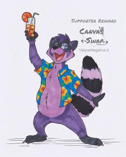 Traditional marker art of an anthro/furry purple raccoon with a big smile, small glasses. He's holding up an orange summer drink with a bendy straw, and wearing a blue unbuttoned beach shirt with flowers on it.