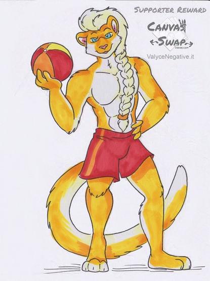 Traditional marker art of an anthro/furry cougar with long braided blond hair, looking at viewer with blue eyes and a smile as he holds up a beach ball and is wearing red beachs shorts.