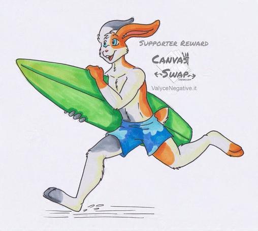 Traditional marker art of an anthro/furry white rabbit with brown and grey spots, running along a beach holding a surfboard. He's got blue eyes and blue pattern shorts.