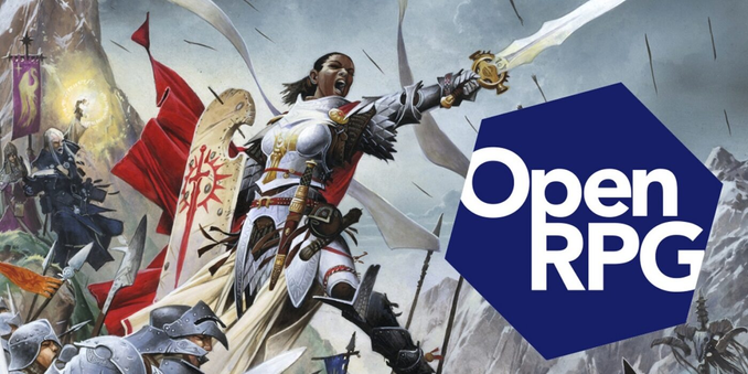 OpenRPG Banner von Paizo mit einem Bild vom Pathfinder Kampagnen-Buch, mit einer schwarzhäutigen Paladinin, die ihr leuchtendes Schwert dem Feind mit einem Schrei entgegen streckt: Kampf für diie Ideale