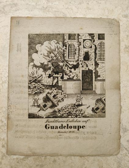 Illustrated chapbook cover with title "Furchtbares Erdbeben auf Guadeloupe" and publisher name or location Mariahilfe 86. Image shows a church with towers crashing down and on fire, people covering nearby, and the tower clock stuck at 10:35 am when the earthquake struck.
