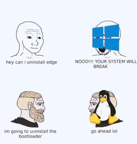 -hey can i uninstall edge
Windows : nooo!! Your system will break

-Im going to uninstall the bootloader
Linux : go ahead lol