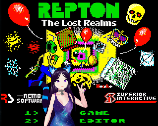 LumKitty's VTuber, a purple haird catgirl in a purple/blue galaxy print dress, does the peace sign in front of the title screen for Repton: The Lost Realms, an 8bit BBC Micro game