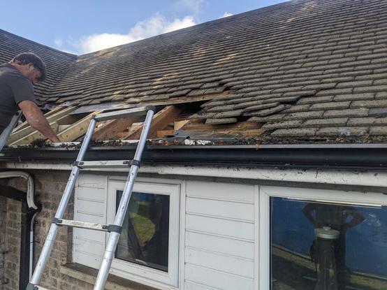 A general view of working taking place on the roof. The roof has the tiles, battens, that hold the tiles in place and the felt removed. New timber is being fixed to the side of the damaged timbers of the rafters to bring the roof back up to the correct level.