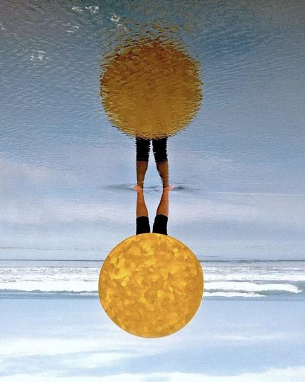 Color photo from Converge 45 Biennial of Te Moana Meridian image by Sam Hamilton of a golden orb suspended above  ocean tides and two human legs  (with mirror image reflected upside down)