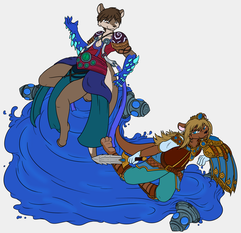 Furry characters cosplaying/posing as gods and goddesses as featured in Smite.