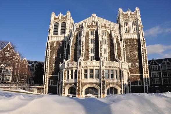19th-century Shepard Hall at City College, CUNY. Winter scene focused on the music library.
