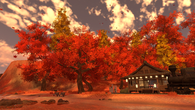 VRChat screenshot taken on mobile of an Autumn landscape in Japan with a cabin in the background.