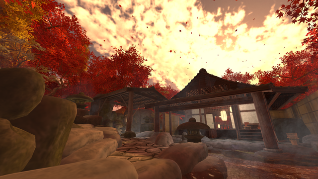 VRChat screenshot taken on mobile of an Autumn landscape in Japan with a cabin in the background and bright afternoon sunlight.