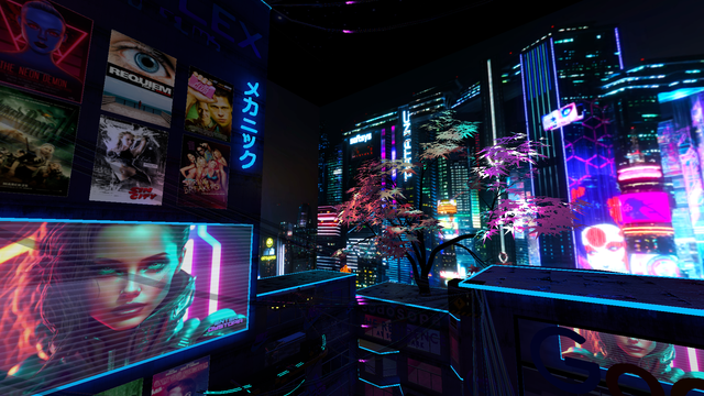 VRChat screenshot taken on mobile of a cyberpunk location with neon lights, buildings and platforms in colors of blue, purple and red.