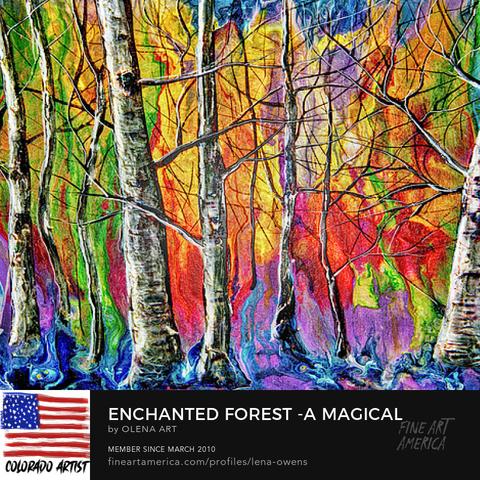 Enchanted Forest - a Magical Journey through the Trees 
 is a mesmerizing artwork that transports viewers into a magical realm. In this painting, the artist skillfully captures the essence of an enchanted universe, where trees stand tall and proud in a sunset-lit forest. The vibrant colors and ethereal atmosphere create a sense of wonder and awe.
Please feel free to consider this artwork for art licensing and commissions. The artist, based in Denver, welcomes the opportunity to collaborate and create unique pieces of art. Art has the power to teach us many things, and this enchanting painting is a testament to the beauty and wonder of nature. The hashtags that complement this artwork are: #EnchantedForest #MagicalArt #SunsetPainting #TreeArt #Mesmerizing #Ethereal #ArtisticWonder #ArtLicensing #Commissions #EnchantedRealm #VibrantColors #ArtisticJourney #ArtInspiration #NatureBeauty #ArtisticExpression