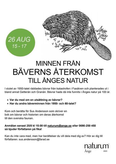 Inbjudan lördag 26/8 kl 15-17 på Naturum Ånge. Har du varit med om en bäverutsättning i Ånge? Har du andra bäverminnen från 1950- och 1960- talen? Anmäl till naturum@ange.se senast fredag kl.15 så bjuder jag på fika!
