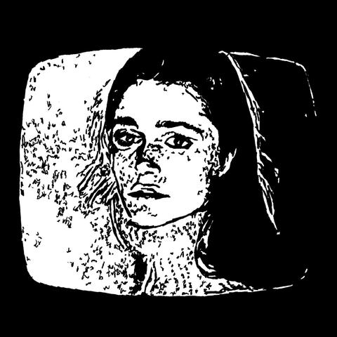 Pen drawing of a younger Margot Kidder wearing a turtleneck sweater on a vintage television screen drawn on a black background.