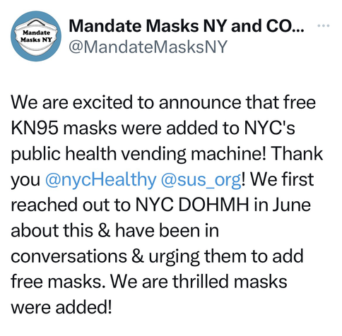 We are excited to announce that free KN95 masks were added to NYC's public health vending machine! Thank you @nycHealthy @sus_org! We first reached out to NYC DOHMH in June about this & have been in conversations & urging them to add free masks. We are thrilled masks were added!