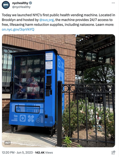Today we launched NYC’s first public health vending machine. Located in Brooklyn and hosted by @sus_org, the machine provides 24/7 access to free, lifesaving harm reduction supplies, including naloxone.