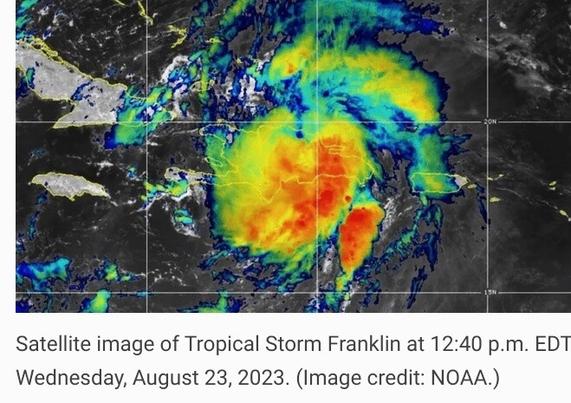 Satellite image of Tropical Storm Franklin at 12:40 p.m. EDT Wednesday, August 23, 2023. (Image credit: NOAA.)