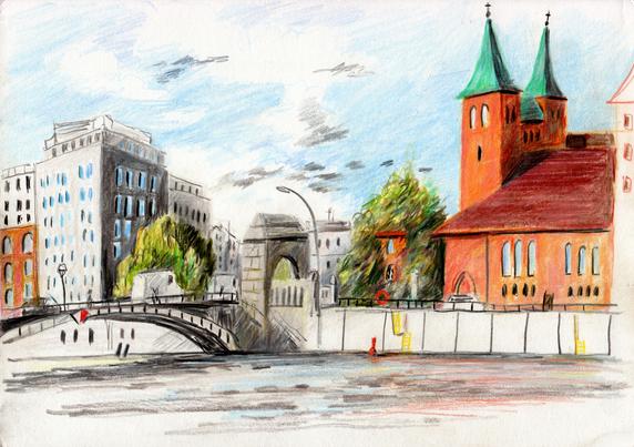 A bridge, some buildings and a red church near the river Spree.