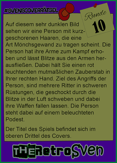 Auf diesem sehr dunklen Bild
sehen wir eine Person mit kurz-
geschorenen Haaren, die eine 
Art Mönchsgewand zu tragen scheint. Die Person hat ihre Arme zum Kampf erhoben und lässt Blitze aus den Armen herausfließen. Dabei hält Sie einen rot leuchtenden mutmaßlichen Zauberstab in Ihrer rechten Hand. Ziel des Angriffs der Person, sind mehrere Ritter in schweren Rüstungen, die geschockt durch die Blitze in der Luft schweben und dabei ihre Waffen fallen lassen. Die Person steht dabei auf einem beleuchteten Podest.
Der Titel des Spiels befindet sich im oberen Drittel des Covers.