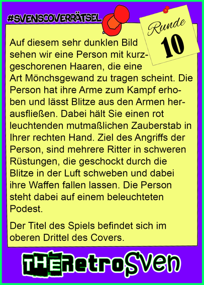 Auf diesem sehr dunklen Bild
sehen wir eine Person mit kurz-
geschorenen Haaren, die eine 
Art Mönchsgewand zu tragen scheint. Die Person hat ihre Arme zum Kampf erhoben und lässt Blitze aus den Armen herausfließen. Dabei hält Sie einen rot leuchtenden mutmaßlichen Zauberstab in Ihrer rechten Hand. Ziel des Angriffs der Person, sind mehrere Ritter in schweren Rüstungen, die geschockt durch die Blitze in der Luft schweben und dabei ihre Waffen fallen lassen. Die Person steht dabei auf einem beleuchteten Podest.
Der Titel des Spiels befindet sich im oberen Drittel des Covers.