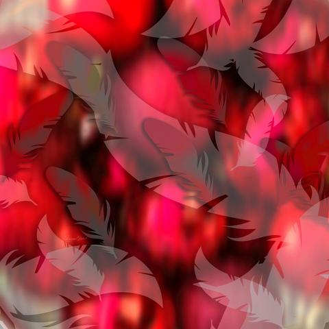 Floating feather shapes on an abstract red background.