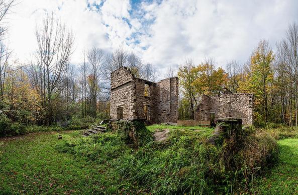 The ruins of an old mansion known as The Corran lie in the forest at Spirit Rock Conservation Area near Wiarton, Ontario.