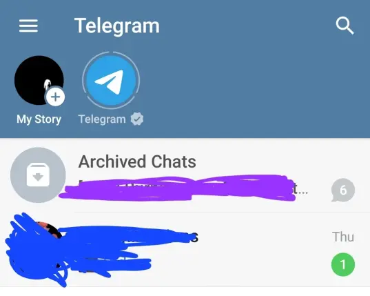 Screen capture of the main screen when looking at the Telegram app. There is a section at the top with Telegram Stories, with two circle thumbnails inside, representing "My Story" and "Telegram" s introductory story. 

Two chat channels can be seen in the main list below l, although they are blacked out for decency's sake.