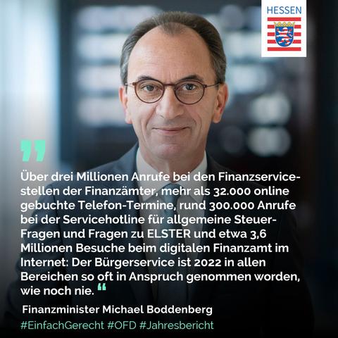 Portraitfoto von Hessens Finanzminister Michael Boddenberg und sein Zitat: "Über drei Millionen Anrufe bei den Finanzservicestellen der Finanzämter, mehr als 32.000 online gebuchte Telefon-Termine, rund 300.000 Anrufe bei der Servicehotline für allgemeine Steuer-Fragen und Fragen zu ELSTER und etwa 3,6 Millionen Besuche beim digitalen Finanzamt im Internet: Der Bürgerservice ist 2022 in allen Bereichen so oft in Anspruch genommen worden wie noch nie."