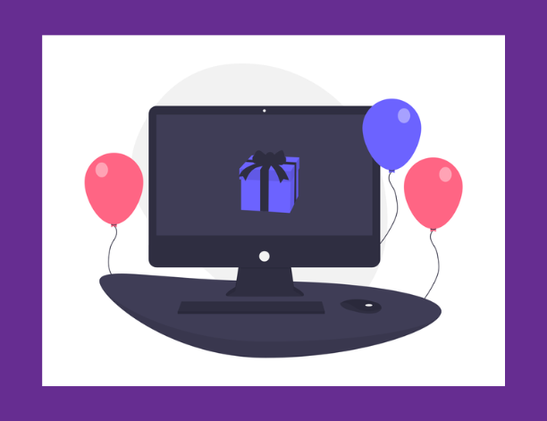 a desktop computer screen illustration  with a gift-box inside and three balloons on the side.